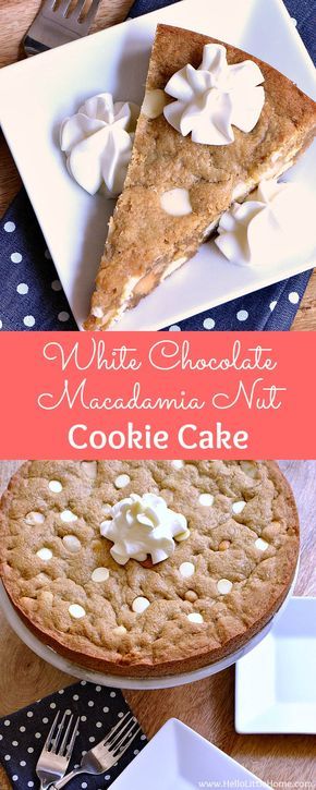 White Chocolate Macadamia Nut Cookie Cake ... the perfect treat for birthday parties or any special occasion! Learn how to make this easy homemade cookie cake recipe that's packed with sweet white chocolate chips and crunchy macadamia nuts. This decadent, oversized cookie pie is sure to become a favorite in your kitchen ... perfect for kids and adults alike! | Hello Little Home Homemade Cookie Cake, Homemade Cookie Cakes, White Chocolate Macadamia Cookies, Cake Recipes Easy, Easy Homemade Cookies, White Chocolate Macadamia Nut Cookies, White Chocolate Macadamia Nut, Macadamia Cookies, Macadamia Nut Cookies