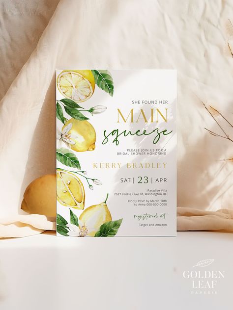 Lemon Themed Bridal Shower Invitations, Lemon Squeeze Bridal Shower Theme, Lemonade Bridal Shower Theme, When Life Gives You Lemons Party, Lemon Themed Bridal Shower Ideas, Main Squeeze Bridal Shower Theme, Lemon Bridal Shower Theme, Lemon Themed Bridal Shower, Bridal Party Invitations