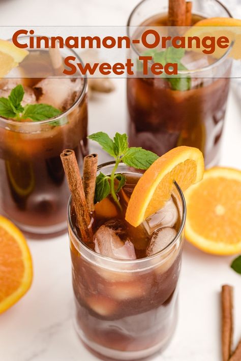 Cinnamon Orange Sweet Tea is not your typical backyard barbecue iced tea, it's so much better! This next level sweet tea uses cinnamon and ginger to highlight the sweetness of the added sugar and bring the citrus undertones to life!  via @cmpollak1 Cinnamon Orange Tea, Orange Peel Tea Recipes, Orange Spice Tea Recipe, Cinnamon Tea Recipe, Tea Uses, Orange Spice Tea, Spicy Tea, Matcha Lemonade, Iced Tea Drinks