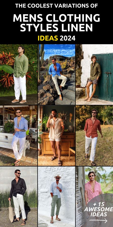 Step into summer with confidence with our range of men's clothing styles linen, tailored for the discerning gentleman of 2024. Whether you're attending a casual gathering or exploring the outdoors, our linen collection offers the perfect blend of style and comfort. From chic linen shirts to relaxed summer shorts, find your ideal look and make a statement this season. Men Linen Outfit Casual, Linen Beach Outfits, Men Linen Outfit Summer, Linen Outfits For Men, Mens Linen Outfits, Summer Linen Outfits, Men Fashion Casual Shirts, Linen Fashion, Linen Collection