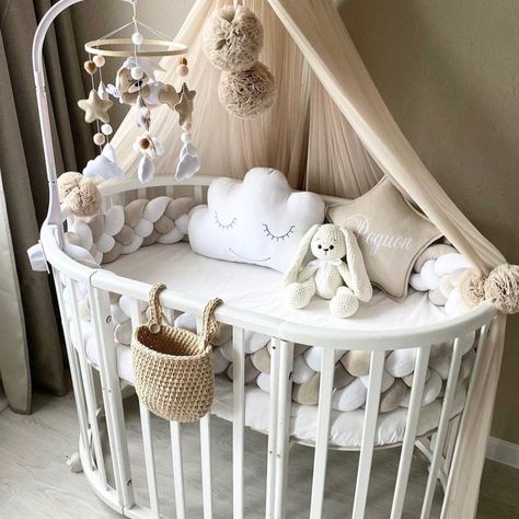 Oval Crib Suitable for Ages 0-5 Years Old - Adjustable, Stylish & Flexible - Sturdy Beech Wood Frame Round Crib Nursery, Circle Crib, Round Baby Cribs, Stokke Sleepi Crib, Baby Curtains, Oval Crib, Round Cribs, Hanging Canopy, Baby Canopy