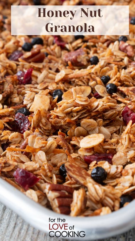 A hearty honey nut granola loaded with oats, pecans, almonds, coconut, blueberries, cranberries, cinnamon, and vanilla. Serve with milk, yogurt, or ice cream. 

New Recipe ~ Honey Nut Granola 

Link: https://fortheloveofcooking.net/recipe/honey-nut-granola 

#recipe #granola #homemadegranola #breakfastideas #oats #almonds #pecans #coconut #driedfruit #honey #EasyRecipes #quickbreakfast Granola Recipe Honey, Granola Recipe With Honey, Honey Nut Granola Recipe, Nut Granola Recipe, Honey Granola Recipe, Cinnamon Granola, Honey Granola, Nut Granola, Cinnamon Nuts