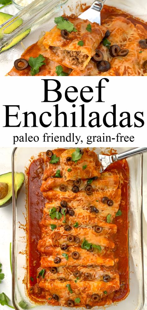 Paleo Enchiladas, Dairy Free Enchiladas, Grain Free Tortillas, Enchiladas Beef, Green Chili Enchiladas, Green Chile Enchiladas, Ground Beef Enchiladas, Dairy Free Dinner, Paleo Beef