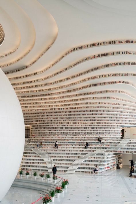 Topography Interior Design, Organic Library Design, China Library, Tianjin Binhai Library, Japanese Library, Futuristic Library, Library Room Design, Most Beautiful Libraries, Book Architecture