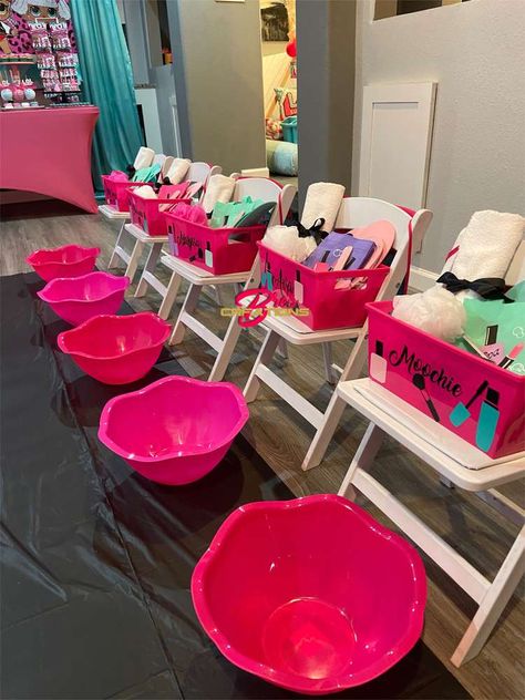 Salon Party For Girls Birthday, Pink Spa Birthday Party, Nail Polish Birthday Party Ideas, Diy Spa Birthday Party For Girls Kids, Nail Birthday Party Ideas, Barbie 6th Birthday Party Ideas, Girls Hotel Sleepover Party Ideas, Girls Spa Sleepover Party, Nail Salon Birthday Party Ideas