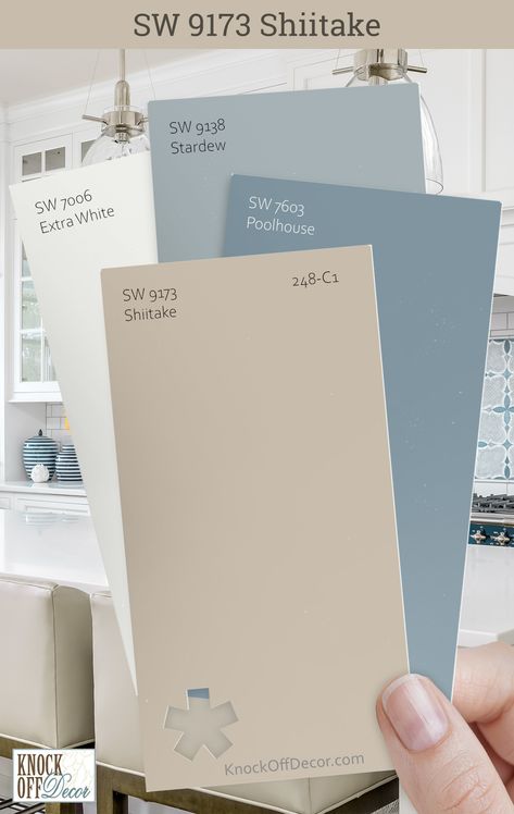 In the realm of paint, Sherwin-Williams Shiitake is a versatile hero. I've coupled it with hues that highlight its adaptability like here with SW Poolhouse, Stardew, and Extra White. For a home that's both stylish and inviting, check out my other fave palettes in my full review. Stardew Sherwin Williams Exterior, Sw Nebula Azul, Poolhouse Blue Sherwin Williams, Stardew Exterior Paint, Sherwin Williams Shiitake Color Palette, Sw Stardew Bedroom, Sw Snowbound Coordinating Colors, Seasalt Sw Bedroom, Sw Poolhouse Blue