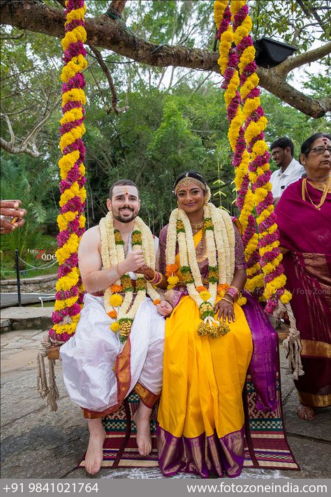 VINITHRA + MATTHEW |An Intimate Tamil Brahmin Wedding East Meets West Wedding, Indian Rituals, Brahmin Wedding, Indian American Weddings, Indian Wedding Garland, Reception Stage Decor, Engagement Decor, Tamil Wedding, Wedding Doll