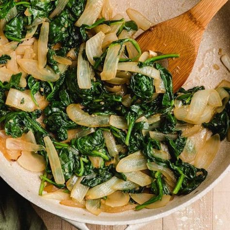 Sauteed Spinach and Onions - NeighborFood Spinach And Onions Sauteed, Sauteed Fresh Spinach Recipes, Easy Spinach Recipes Healthy, Sautéed Spinach And Mushrooms, Sautéed Spinach Recipes, Recipes Using Spinach Dinners, Saute Spinach Recipes, Sauted Spinach Recipes Garlic, Sauted Spinach Recipes