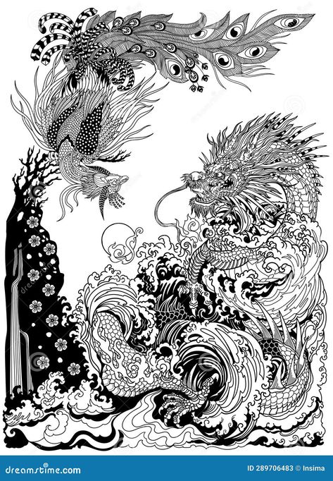 Feng Shui Animals, Feng Huang, White Illustration, White Balance, Black And White Illustration, A Dragon, Feng Shui, Circus, Phoenix