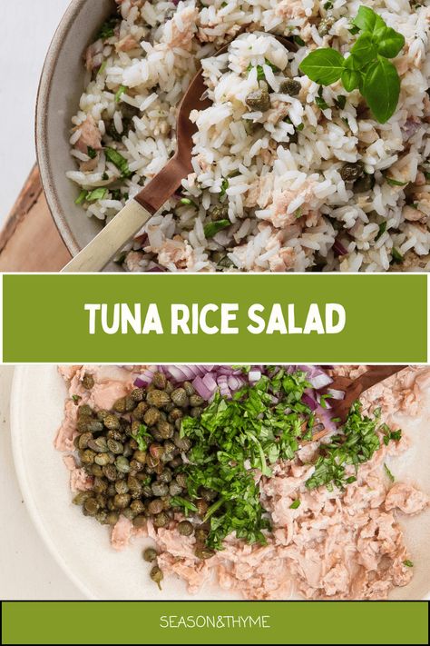 Tuna Rice Salad Tuna Rice Salad, Lemon Basil Pesto, Mediterranean Rice, Pesto Orzo, Lemon Basil Chicken, Tuna Wrap, Tuna Rice, Rice Substitute, Capers Chicken