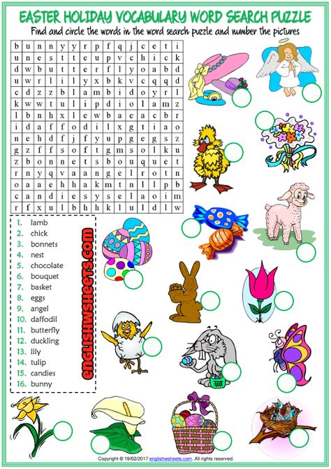 Holiday Word Search, Puzzle Worksheet, Easter Worksheets, Esl Vocabulary, Worksheet For Kids, Disney Easter, Learning Cards, Word Searches, English Teaching