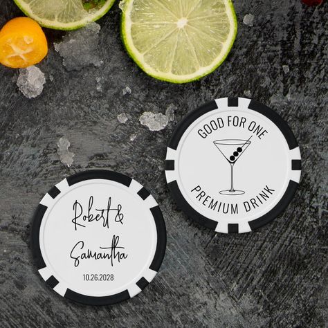 Modern Black White Wedding Drink Cocktail Bar Poker Chips - Sympathy Tokens gifts Wedding Bar Decor, Signature Cocktails Wedding, Cocktail Illustration, Text Template, Signature Cocktails, Poker Chip, Black White Wedding, Wedding Drink, Calligraphy Script