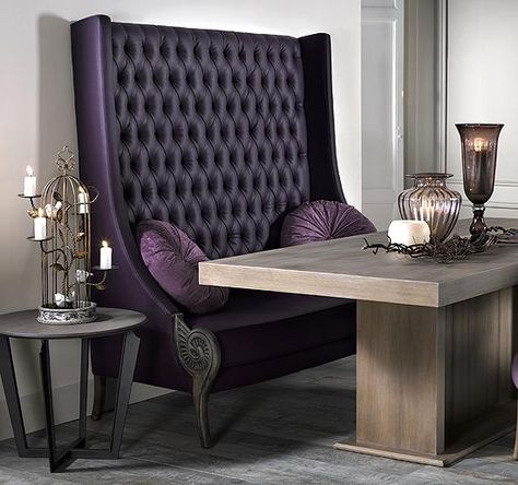 High back, high class! High Back Dining Bench, Dining Bench With Back, High Back Bench, Purple Furniture, Upholstered Dining Bench, Gothic Furniture, Lounge Seating, Dining Room Bench, Furniture Designer