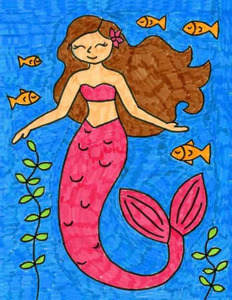 How to Draw a Mermaid · Art Projects for Kids Mermaid Drawing Tutorial, Easy Mermaid Drawing, Draw A Mermaid, Toddler Drawing, Mermaid Kids, Mermaid Drawings, Mermaid Coloring Pages, Art Lessons For Kids, Blog Art