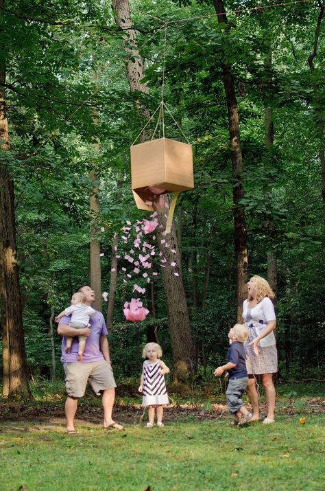 its a girl-8 Gender Reveal Drop Box Diy, Balloon Drop Gender Reveal, Gender Reveal Photo Shoot, Pregnancy Announcement Photography, Gender Reveal Box, Hanging Balloons, Gender Reveal Announcement, Gender Reveal Photos, Balloon Drop