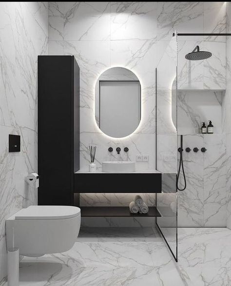 bathroom interior design modern master bath small Bathroom Interior Design Modern Master Bath, Fun Bathroom Decor, Interior Design Bathroom, Shower Modern, Bathroom Interior Design Modern, Modern Luxury Bathroom, Modern Small Bathrooms, Black White Bathrooms, Wallpaper Bathroom