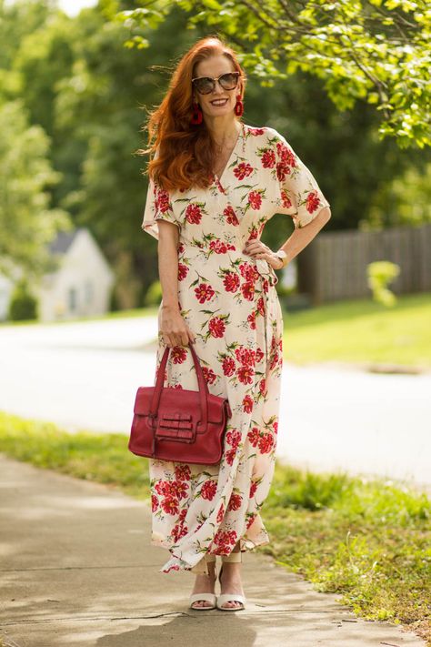 Turning Heads Linkup – Floral  Maxi Dress for Spring Mango Maxi Dress, Chinese Laundry Heels, Red Witch, Red Floral Maxi Dress, Mango Dress, Dress For Spring, Flowy Maxi Dress, Red Accents, Fashion Over 50