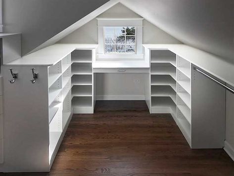 sloped ceiling closet design Slanted Walls Closet, Attic Wardrobe Ideas Sloped Ceiling, Dormer Closet Ideas, Dormer Closet, Attic Closet Ideas Angled Ceilings, Bedroom Slanted Walls, Attic Bedroom Ideas Angled Ceilings, Slanted Ceiling Closet, Sloped Ceiling Closet