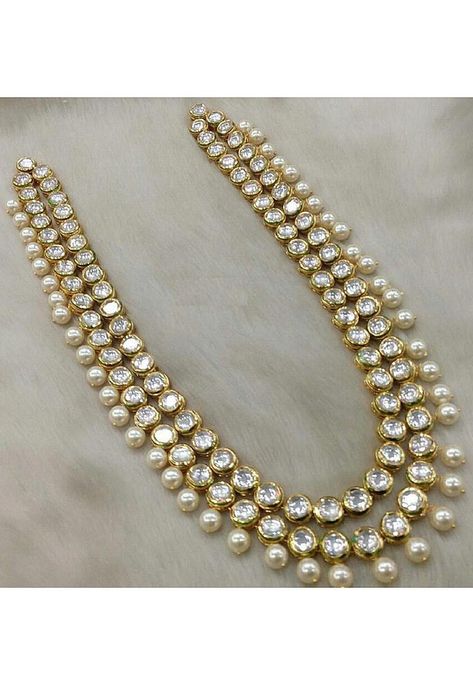 Long White Pearl Necklace, Kundan Jewellery Set Simple Long, White Kundan Necklace, Beaded Long Necklace, Kundan Necklace Simple, Long Necklace Gold Indian, Long Necklace Designs, Long Kundan Necklace, Long Necklace Indian