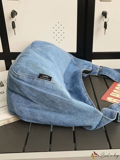 Bird in Bag - Fashionable Blue Solid Color Casual Handbag Bag for Women, Simple Tote Body Bag Shoulder Bag for School, Large Capacity Travel Sat Diy Grunge Clothes, Denim Quilt Patterns, Shoulder Bag For School, Blue Solid Color, Bag For School, Bunny Bags, Simple Tote, Stylish Tote Bag, Denim Ideas