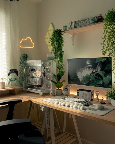 Gaming Desk For Two, Forest Green Gaming Setup, Dual Computer Setup, Workspace Aesthetic Desk, Cute Computer Setup Aesthetic, Gaming Plant Room, Green Game Setup, Gaming Room Setup For Men, Gaming Setup Aesthetic Green