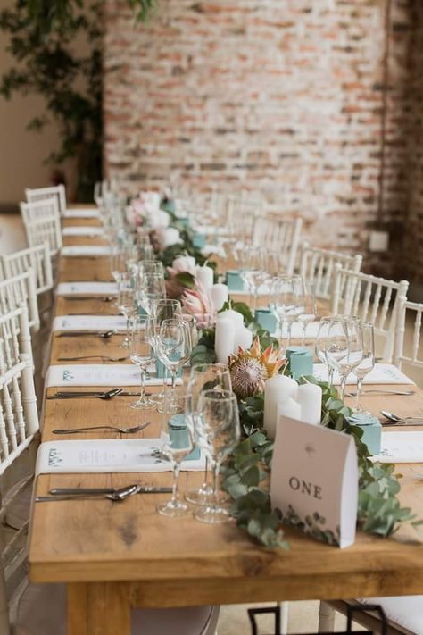 Tressel Table Wedding, Fynbos Wedding Table Settings, Protea Wedding Table Decor, Greenery Table Setting, Green Tablescape, Protea Wedding, Flower Table Decorations, Long Table Wedding, Olive Green Weddings