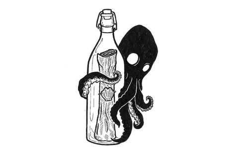 Kraken Rum Tattoo, Pirate Bottle Tattoo, Rum Bottle Tattoo, Rum Tattoo, Ship Sketch, Kraken Tattoo, Squid Tattoo, Pirate Tattoo, Myths & Monsters