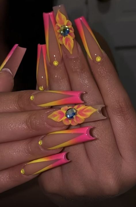 Pink Lemonade Nails💖🍋 Neon Nail Designs Summer, Medium Summer Nails, Yellow Acrylic Nails Coffin, Long Acrylic Nails Coffin Summer, Xl Nails Design, Pink Lemonade Nails, Exotic Short Nails, Popsicle Nails, Yellow And Pink Nails