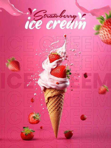 Strawberry ice cream cones social media ... | Premium Psd #Freepik #psd #3d-post #mockup-post #instagram-post #social-template Ice Cream Social Media Design, Ice Cream Poster Advertising, Ice Cream Ads Creative, Ice Cream Creative Ads, Ice Cream Poster Design, Ice Cream Advertisement, Ice Cream Ads, Ice Cream Mockup, Ice Cream Creative