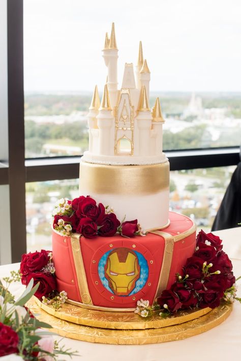 Marvel Wedding Theme, Cinderella Castle Cake, Avengers Wedding, Superhero Wedding Cake, Cinderella Wedding Cake, Red Fondant, Small Private Wedding, Small Reception, Marvel Wedding