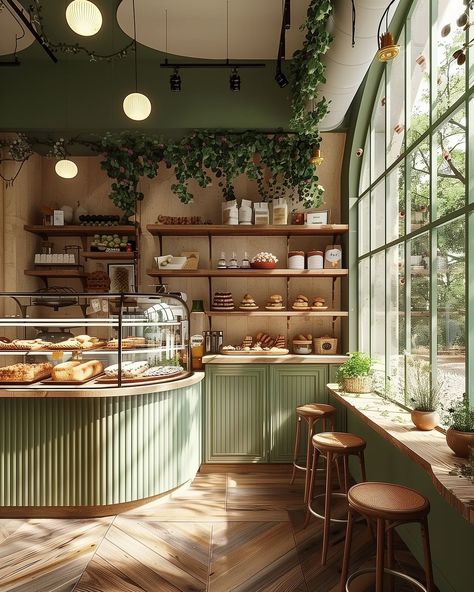 Bakery Island Display, Pastry Restaurant Design, Coffee Shop Library Aesthetic, French Shop Interior, Vintage Italian Coffee Shop, Sage Green Bakery Interior, New York Coffee Shop Interior, Open Concept Coffee Shop, Scandinavian Bakery Interior