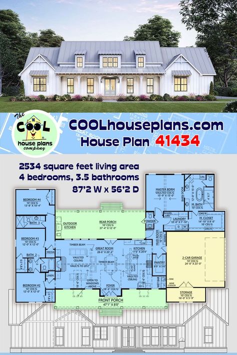 Ranch Farmhouse Plan 41434 has 2,534 square feet of open living space inside. Large families will build this home because it has 4 bedrooms and great outdoor living space. The rear porch measures 34’4 wide by 12′ deep, and it includes an outdoor kitchen. Picture-perfect Farmhouse Style curb appeal makes this new construction fit into any new development. We love the clean white siding, shiny metal roof, and inviting front covered porch. #COOLhouseplans #farmhouse #houseplans #OpenFloorPlans Farmhouse Houseplans, Ranch Farmhouse Plans, Ranch Farmhouse, White Siding, Craftsman Farmhouse, Large Families, Outdoor Kitchen Design Layout, Open Living, Farmhouse Style House Plans