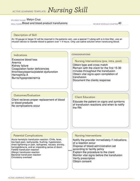 Blood transfusion - ACTIVE LEARNING TEMPLATES Nursing Skill STUDENT NAME - Studocu Nursing Concept Map Template, Nursing Concept Map, Concept Map Template, Nursing Skills, Nurse Study, Learning Template, Nurse Study Notes, Heath Care, Map Template