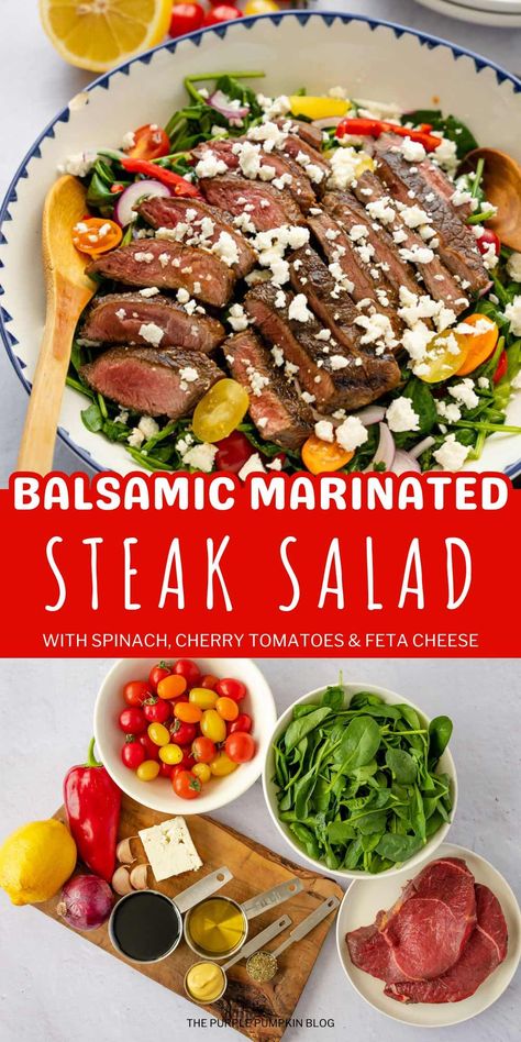 Elevate your salad game with a Balsamic Steak Salad, featuring tender and flavorful grilled steak paired with fresh spinach, juicy cherry tomatoes, and tangy feta cheese. This vibrant and satisfying dish is a perfect balance of hearty and refreshing flavors that will leave you craving for every bite. Balsamic Steak, Purple Pumpkin, Steak Salad, Marinated Steak, Grilled Steak, Spinach Salad, Feta Cheese, Cherry Tomatoes, Feta