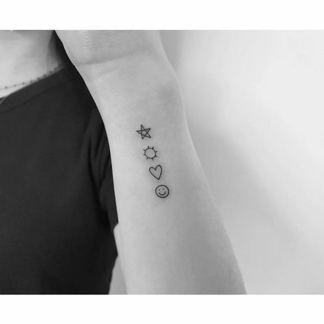 Sun Moon Heart Tattoo, Smiley Tattoo, Star Tattoo On Wrist, Smiley Face Tattoo, Side Wrist Tattoos, Face Doodles, Smile Tattoo, Astronomy Stars, Boho Tattoos