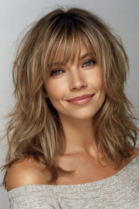 Layered Hair with Fringe 1 Long Hair Angled In Back, Medium Layered Hair Bangs, Hair Styles With Bangs Medium Layered, Layered Medium Length Hair With Bangs, Medium Length Bob With Bangs, Medium Length Hair With Layers And Bangs, Very Layered Hair Medium Over 50, Chic Hairstyle, Modern Shag