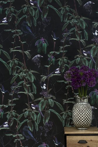 Folia Dark Wallpaper By Witch And Watchman - Folia wallpaper was designed by taking inspiration from birds, animals, trees and flowers and a longstanding love of wall-murals and the ‘maximalist’ wallpapers often found in stately homes and palaces. Looking to create designs that resemble a modern take on Chinoiserie, this paper is about a bold wallpaper that makes a statement rather than just a mere wallcovering. B&q Wallpaper, Dark Maximalist, Maximalist Wallpaper, Purple House, Rockett St George, Hand Painted Wallpaper, Bold Wallpaper, Woodland Forest, Bird Wallpaper