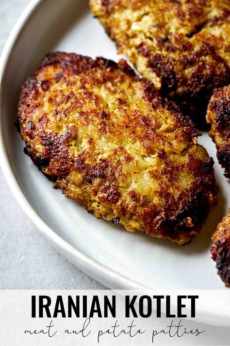 Kotlet are a Persian version of meat and potato patties, usually served with rice or pita bread. This recipe from my grandmother is packed with flavors from cumin and onion - delicious served hot or cold! #persianfood #kotlet #persian Persian Food Iranian Cuisine, Iranian Recipes, Pudding Chia, Iranian Cuisine, Middle East Recipes, Potato Patties, Persian Cuisine, Iranian Food, Middle Eastern Dishes