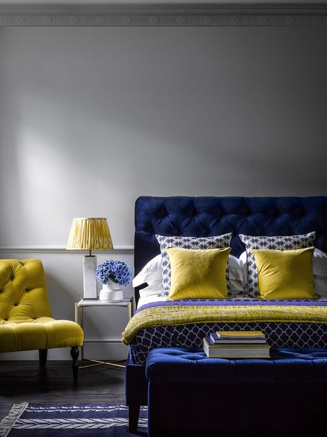 Navy Headboard, Button Headboard, Headboard Bedroom, Blue Headboard, Dining Design, Yellow Bedroom, Velvet Bed, Beds And Headboards, Bedroom Headboard