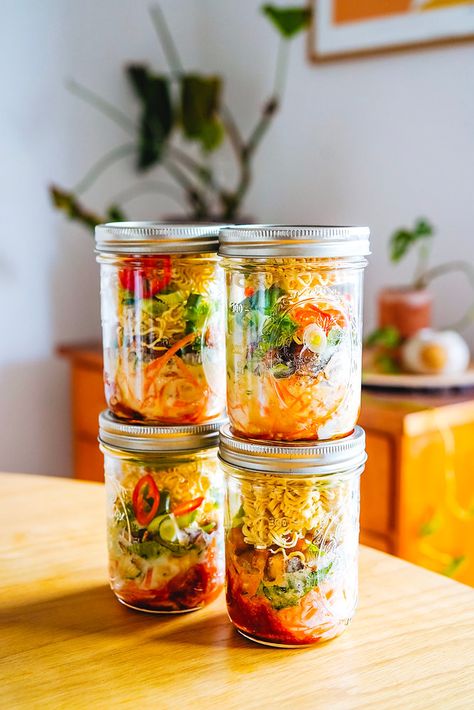 Thai Coconut Curry Instant Noodle Soup in a Jar | Meal Prep Instant Noodles Noodle Meal Prep Jar, Thai Peanut Meal Prep, Thai Coconut Ramen, Meal Prep Soup Jars, Instant Noodles In A Jar, Instant Noodle Jars, Soup In Jar, Noodle Soup Jar, Noodle Soup In A Jar