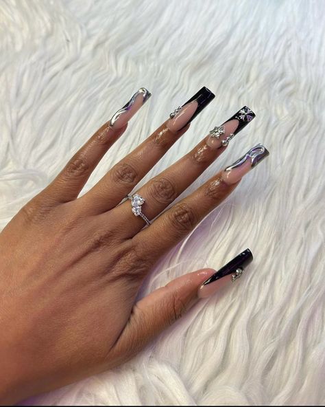 Birthday Nails Black And Silver, Grey And Black Nails, Black Acrylic Nails, Punk Nails, Long Acrylic Nail Designs, French Acrylic Nails, Short Square Acrylic Nails, Acrylic Nails Coffin Pink, Almond Acrylic Nails