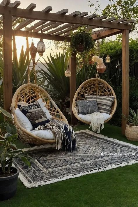 Hammock Chair Outdoor Patio, Swinging Chair Outdoor Patio, Pergola Hanging Chair, Boho Hammock Outdoor, Hanging Patio Chair, Hanging Outdoor Chair, Airbnb Outdoor Spaces, Adult Swings Backyard, Small Cozy Patio