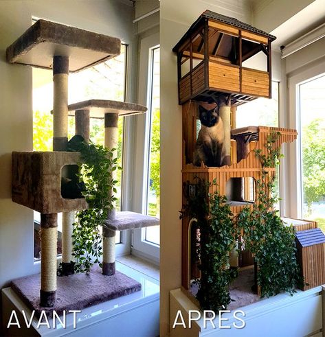 Ce DIY vous permet de customiser un arbre à chat ordinaire en le transformant en un agréable foyer, avec du bois et quelques outils (modèle 3D offert). Cat Habitat, Cat Room Decor, Cat Tree Designs, Diy Chat, Chat Diy, Hippie House, Cool Cat Toys, Diy Cat Tree, Cat Biting