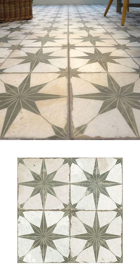 Olive Tiles, Unique Tile Floor, Green Tile Floor, Painted Bathroom Floors, Moroccan Garden, Star Tile, Porch Tile, Tiled Hallway, Laundry Room Flooring