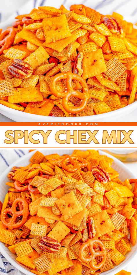 A delicious game day recipe featuring a homemade snack mix! It's a yummy appetizer with Chex cereal. Combined with  Cheez-Its, pretzels, and more, this Spicy Chex Mix is addictive! Everyone will enjoy this easy football party food! Chex Mix Recipes Original Spicy, Cajun Chex Mix Recipes, Spicy Chex Mix Recipes, Cheez It Snack Mix Recipe, Chex Cereal Recipes, Chex Mix Recipes Spicy, Easy Football Party Food, Spicy Chex Mix, Spicy Treats