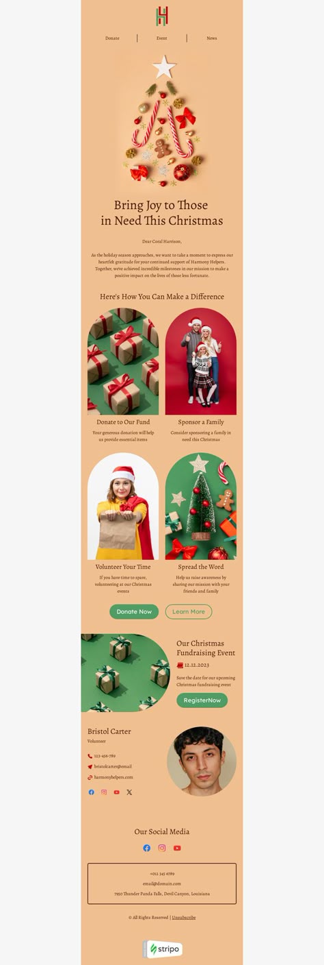 Christmas email template "Bring joy" for nonprofit industry. Create professional, responsive emails fast with no coding skills. Follow us on Pinterest for more inspiration and tips. 🤗 #christmas #newyear #stripoemail #emailnewsletter #emailtemplatedesign #emaildesigninspiration #emailmarketingdesign Christmas Email Design, Christmas Email, Christmas Newsletter, Nonprofit Marketing, Holiday Emails, Email Blast, Email Template Design, Responsive Email, Holiday Campaign