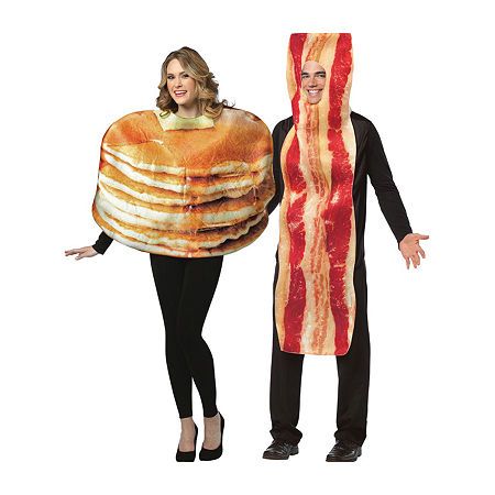 Who doesn't love a delicious breakfast plate? Savor the compliments you'll get when you slip on these tasty costumes featuring two beloved early morning dishes. If breakfast is the most important meal of the day, these outfits are sure to be the most treasured costumes at your Halloween party, costume contest or trick-or-treat event! One Size fits most adults. (2 pcs. per set)Base Material: 100% PolyesterCare: Hand WashCountry of Origin: Imported Pancake And Bacon, Chili Pepper Costume, Lucky Charms Costume, Tootsie Roll Costume, Deviled Egg Costume, Meatball Costume, Bacon Costume, Ketchup Costume, Pancake Bacon