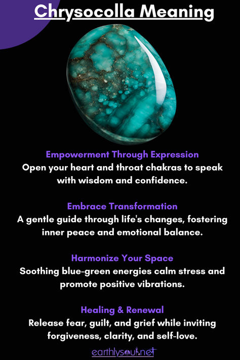 An image of a stunning blue-green Chrysocolla crystal, symbolizing communication, emotional balance, and the gentle strength of transformatio Chrysocolla Crystal Meaning, Chrysoprase Crystal Meaning, Chrysocolla Meaning, Crystal Magick, Chrysocolla Ring, Medicine Wheel, Life Transitions, Crystal Magic, Wardrobe Inspiration