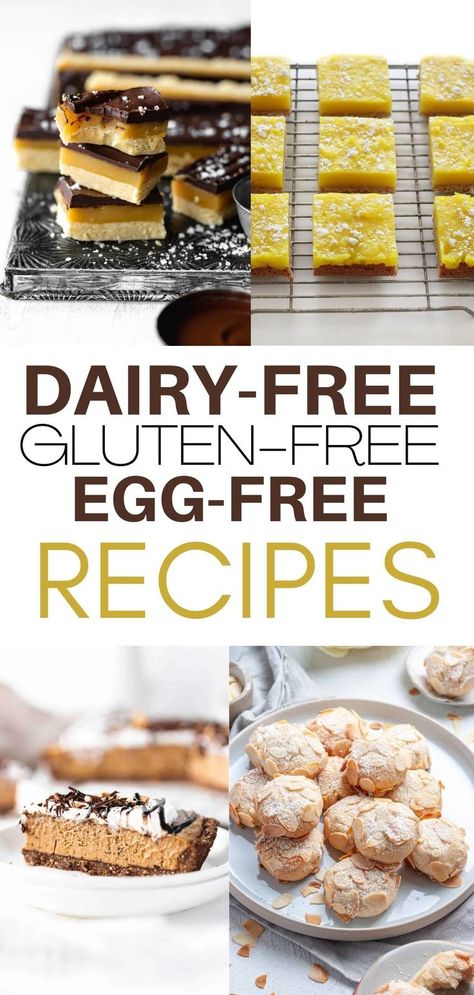 Millionaire bars, dairy-free lemon bars, vegan cookies, vegan pie Gluten Free Egg Free Desserts, Egg Free Snacks, Gluten Free Dinner Ideas, Corn Free Recipes, Egg Free Cookies, Dairy Free Recipes Dinner, Allergen Free Recipes, Dairy Free Snacks, Soy Free Recipes