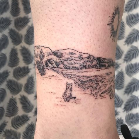 Beach House Tattoo Band, Ocean Landscape Tattoo, Scenic Ocean Tattoo, Beach House Band Tattoo, Beach House Tattoo, Ocean Scene Tattoo, Pier Tattoo Beach, Beach Scene Tattoo, Beach House Band